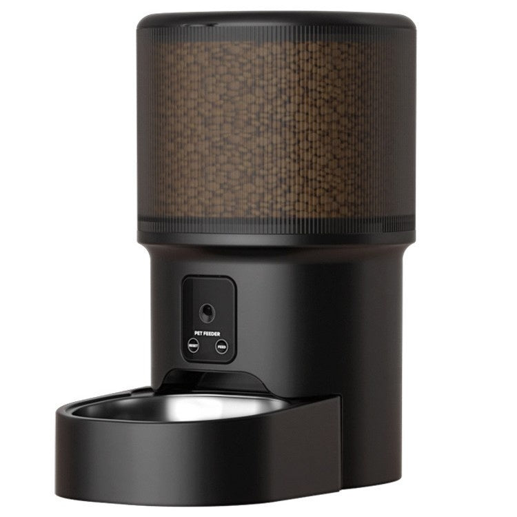 Black automatic pet feeder with a food reservoir and feeding bowl on a white background