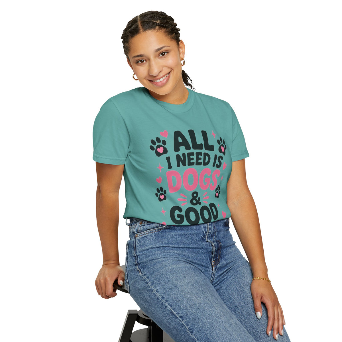 All I Need Is Dogs & Good Vibes Comfort Colors® 1717 T-Shirt | Cute Dog Lover Graphic Tee | Gift for Dog Mom | Unisex Garment-Dyed Shirt