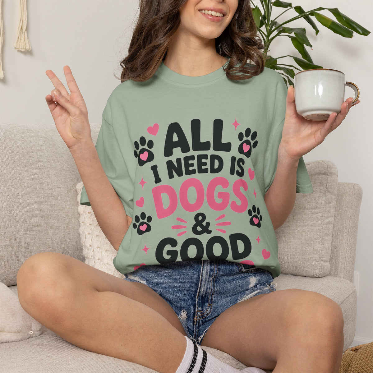 All I Need Is Dogs & Good Vibes Comfort Colors® 1717 T-Shirt | Cute Dog Lover Graphic Tee | Gift for Dog Mom | Unisex Garment-Dyed Shirt