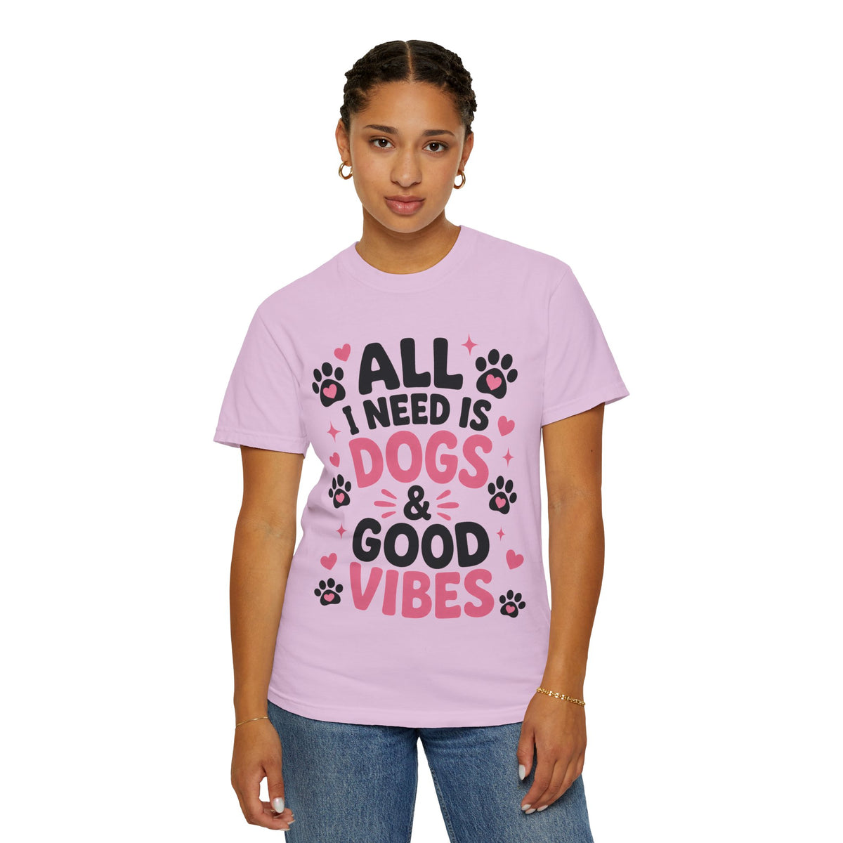 All I Need Is Dogs & Good Vibes Comfort Colors® 1717 T-Shirt | Cute Dog Lover Graphic Tee | Gift for Dog Mom | Unisex Garment-Dyed Shirt