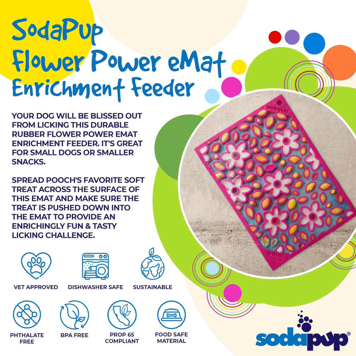 SodaPup Flower Power eMat | Retro Floral Lick Mat for Dogs & Cats | USA Made