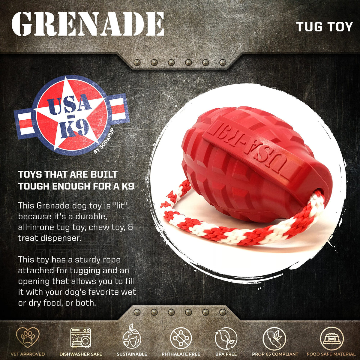 USA-K9 Grenade Rubber Dog Toy | Chew, Tug & Treat Dispenser | USA Made