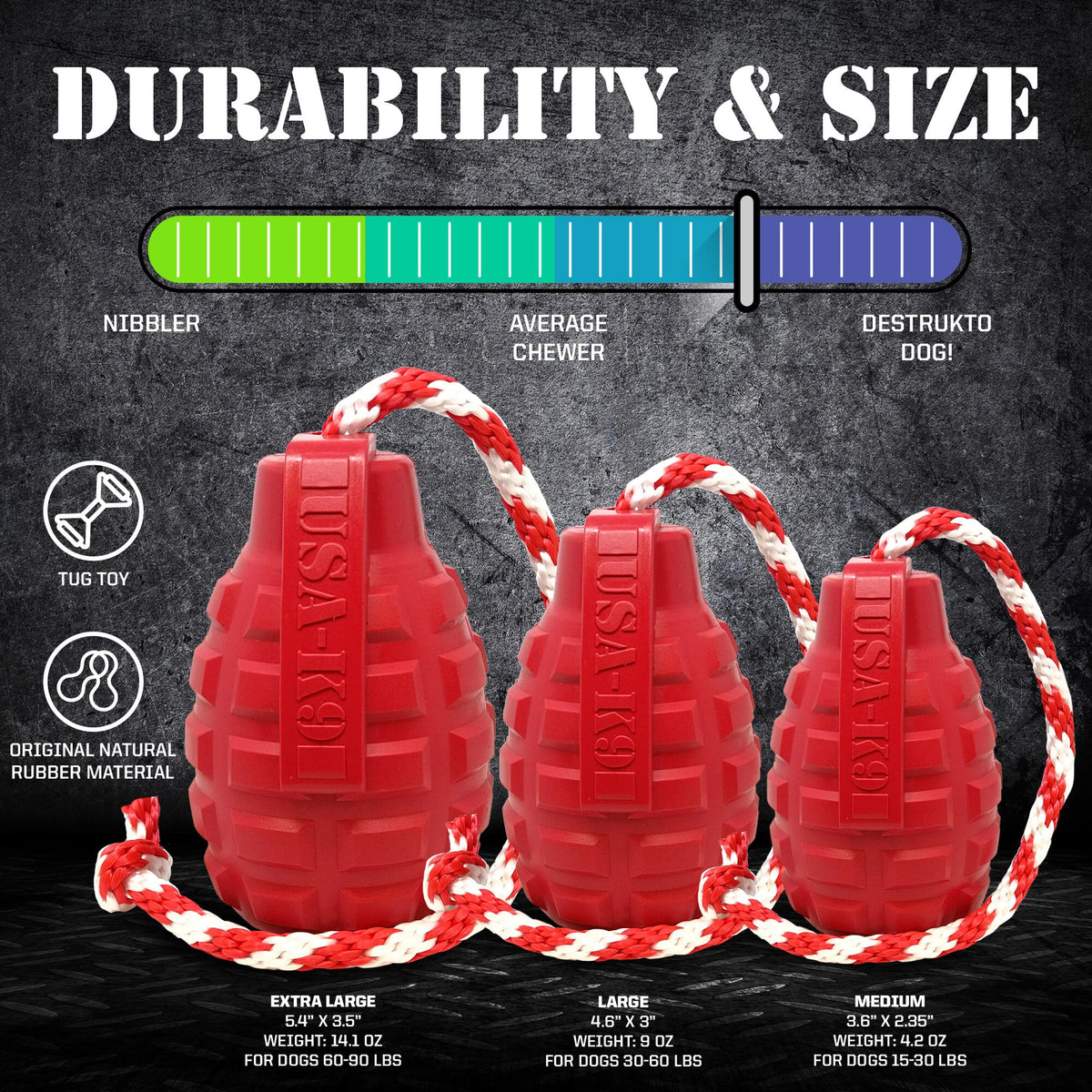USA-K9 Grenade Rubber Dog Toy | Chew, Tug & Treat Dispenser | USA Made