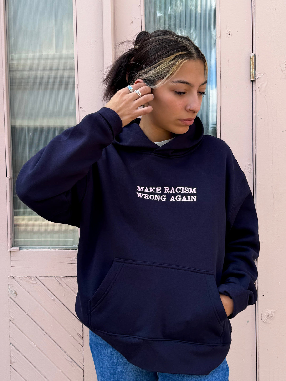 Anti-Racism statement sweatshirt in navy, view 2