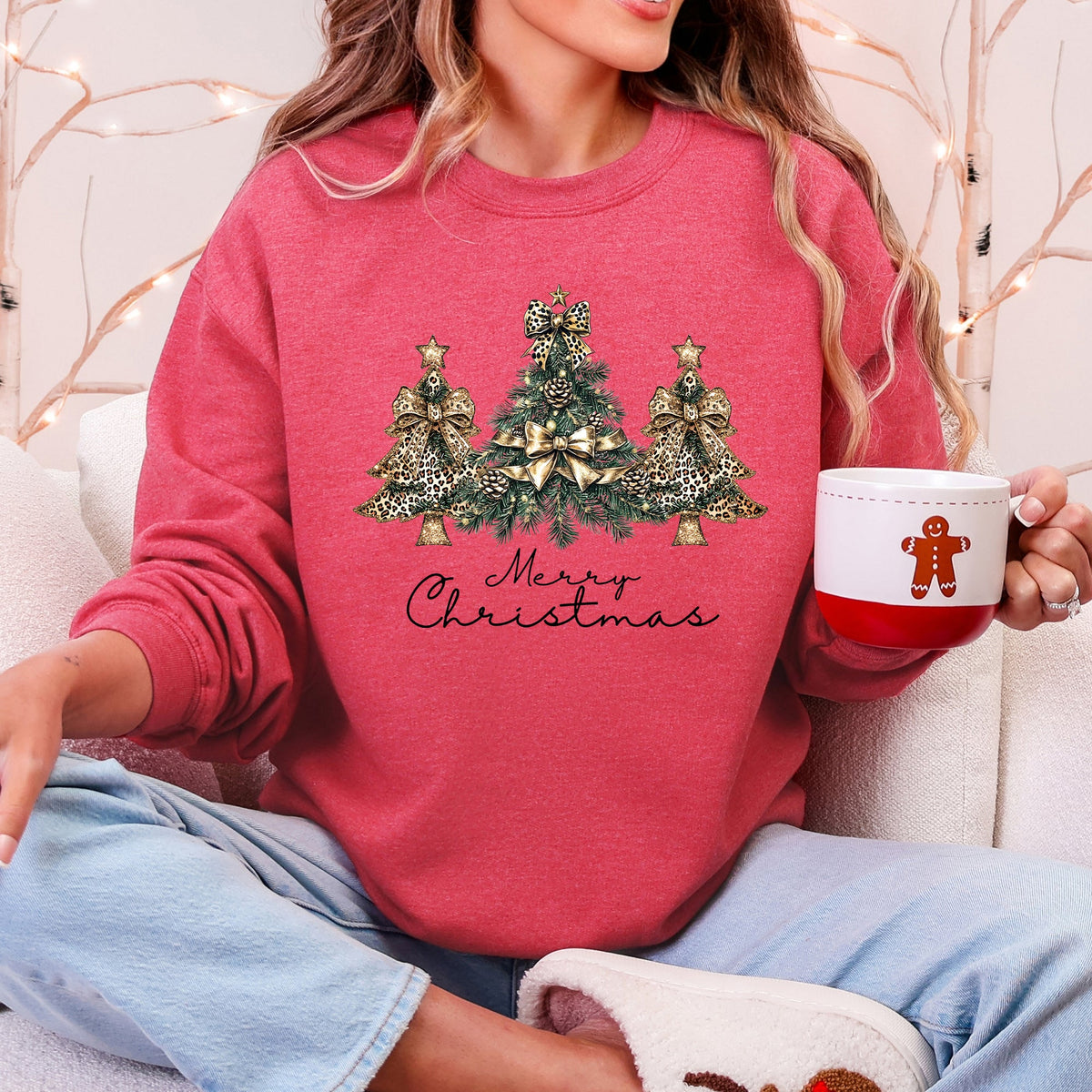 Merry Christmas, Christmas Trees, Ribbons, Bows Illustrated Design Pattern Sweatshirt