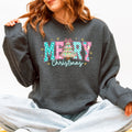 Varsity Santa pink checkered Christmas tree sweatshirt in Dark Gray Heather
