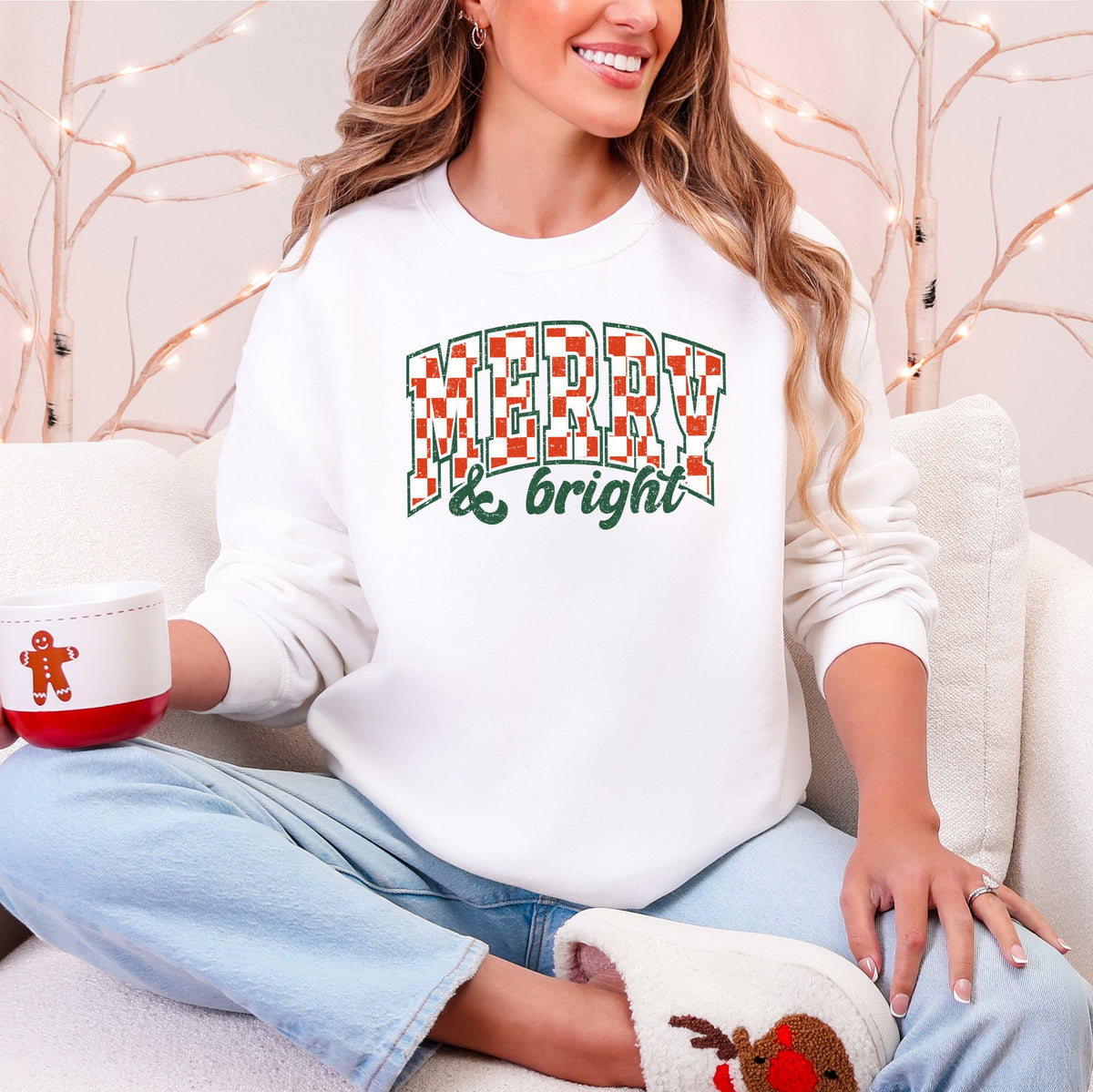 Merry And Bright Christmas Checkered Retro Festive Cozy Vintage Inspired Seasonal Holiday Cheer Sweatshirt