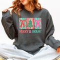 Merry and Bright pattern block Christmas tree sweatshirt in Dark Gray Heather