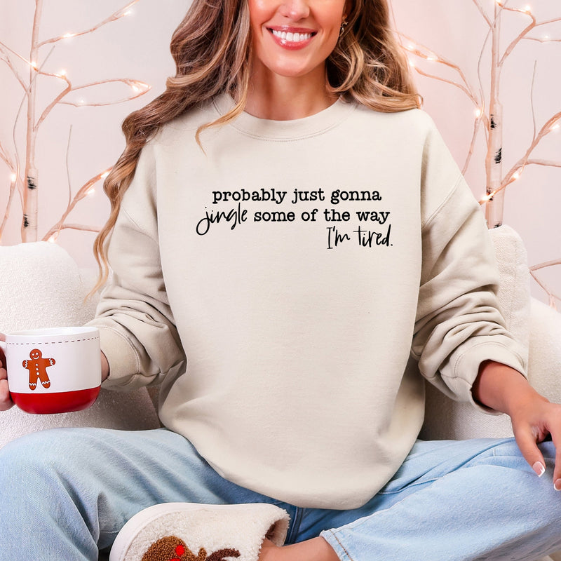 Jingle Some Of The Way tired Santa Christmas sweatshirt in Sand