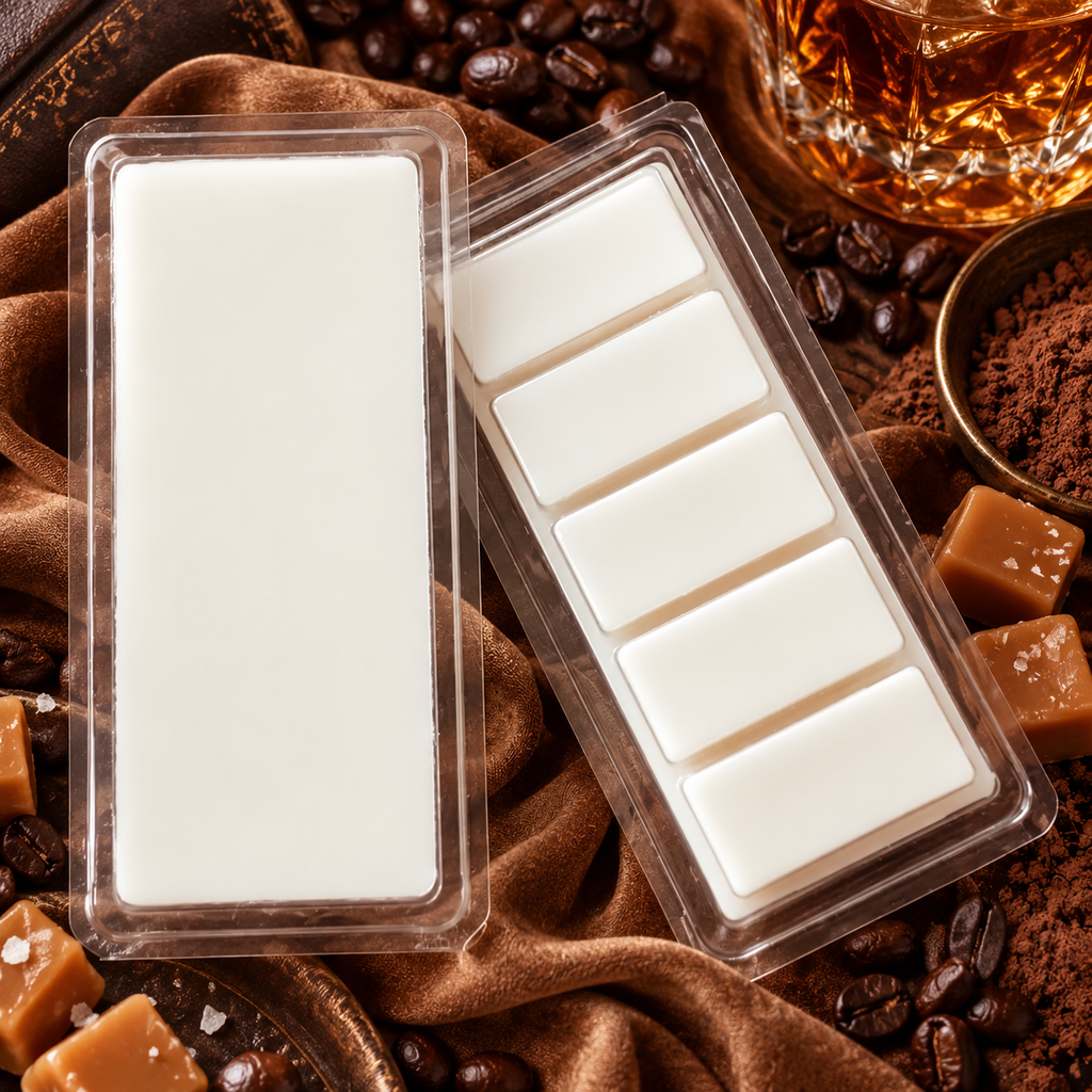 Bad Decisions Club wax melt with butterscotch, bourbon, coffee, cocoa, and dark musk styling