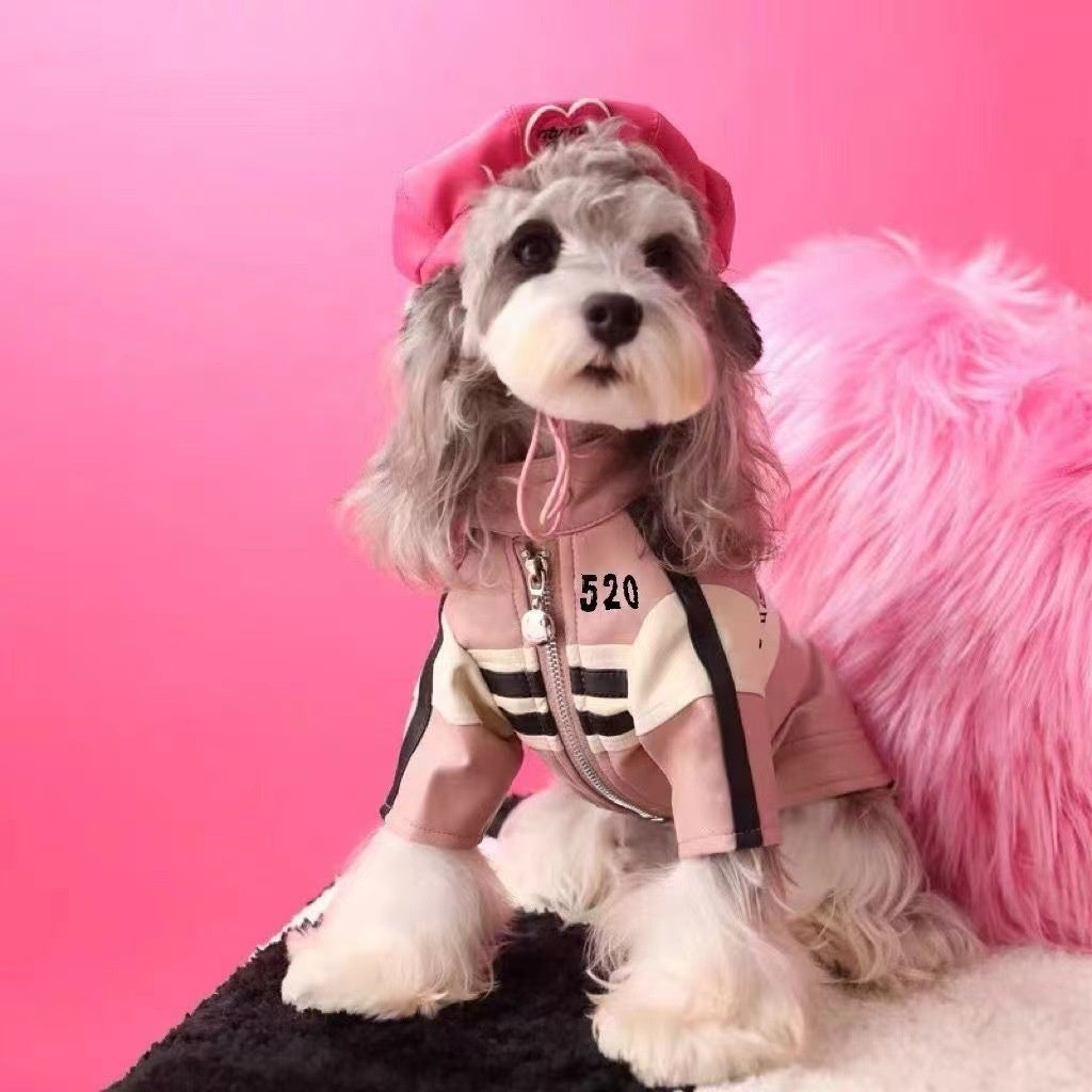 Dog Motorcycle Jacket | PU Leather Pet Coat | Green & Pink