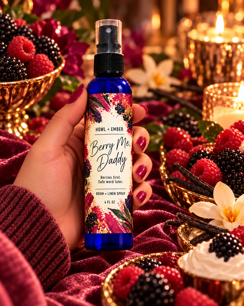 Berry Me, Daddy black raspberry vanilla 4 oz room and linen spray by Howl + Ember