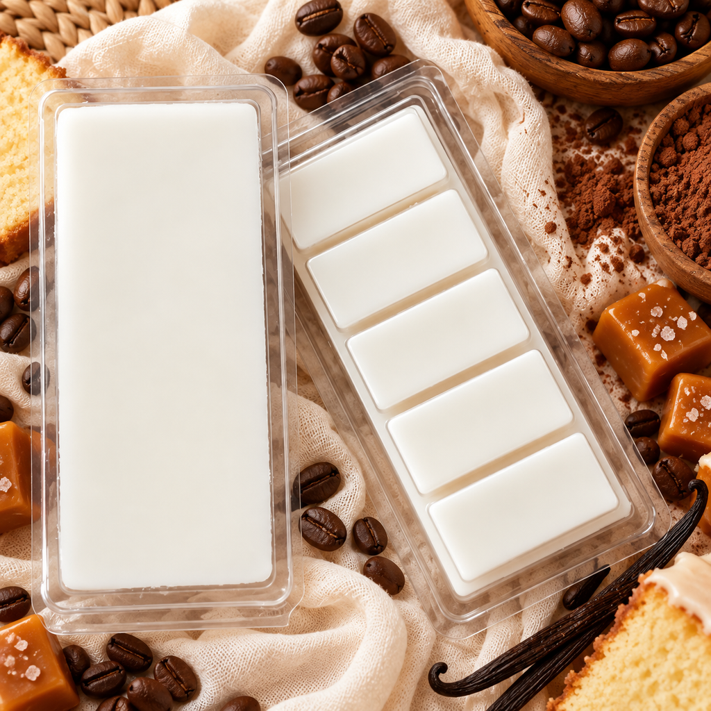 Blocked Before Breakfast wax melt with coffee, cocoa, caramel, and vanilla cake styling