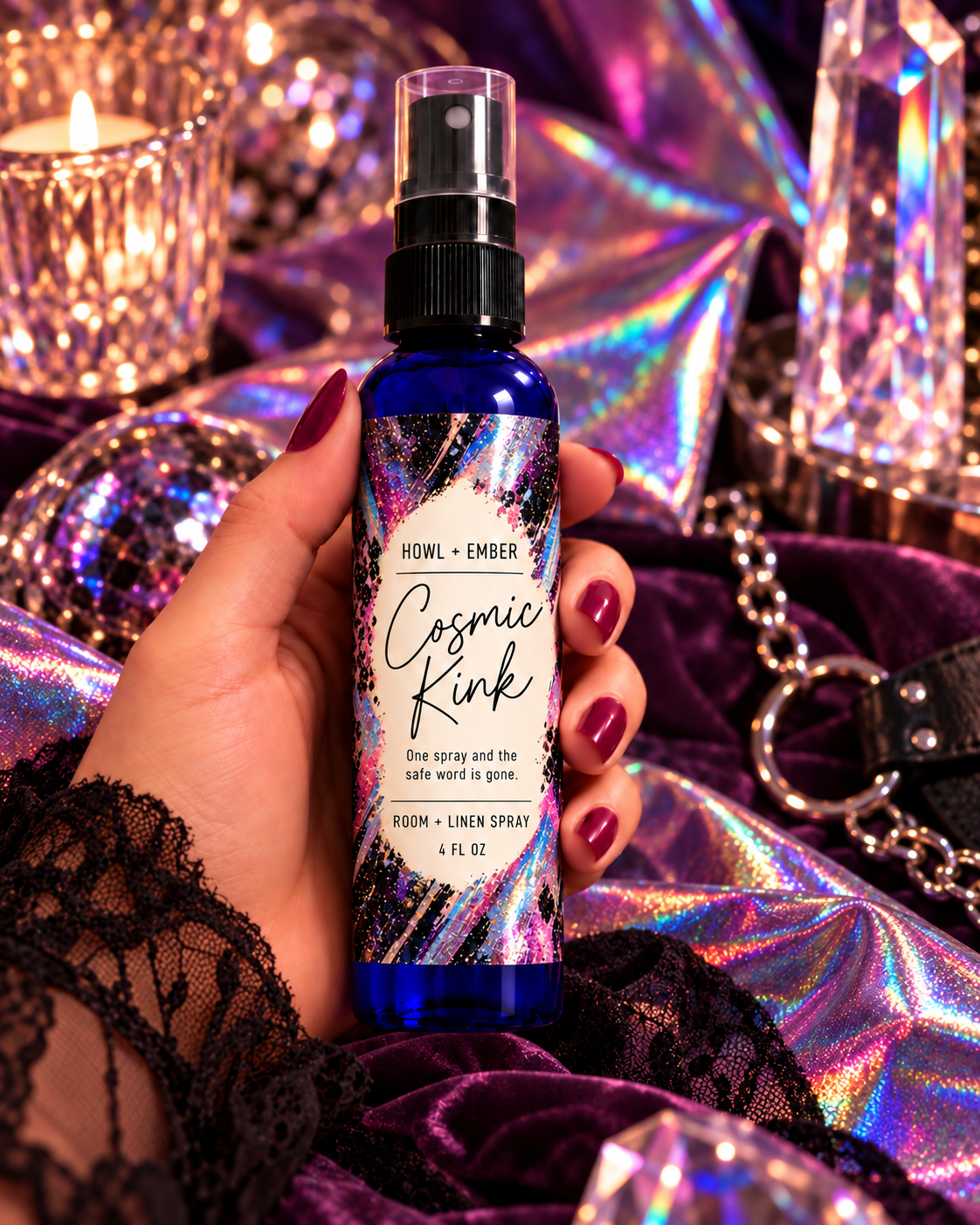 Cosmic Kink room spray, holographic stardust styling and One spray and the safe word is gone tagline