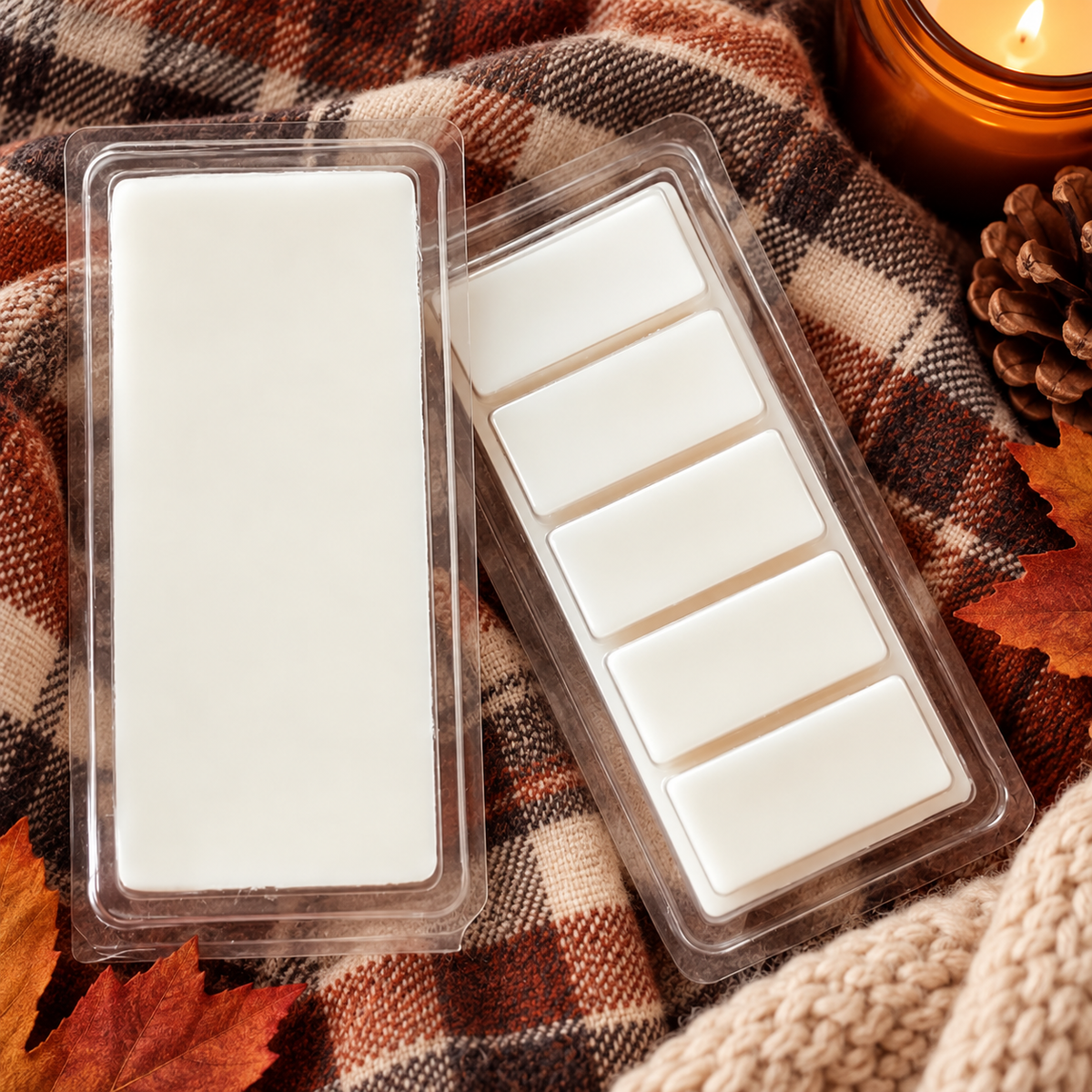 Howl + Ember Cozy Flannel Wax Melt styled product photo