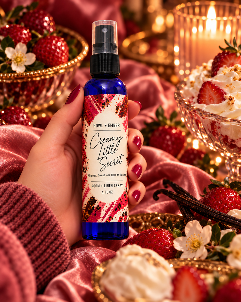 Creamy Little Secret strawberries and cream room spray with Whipped, Sweet, and Hard to Resist tagline