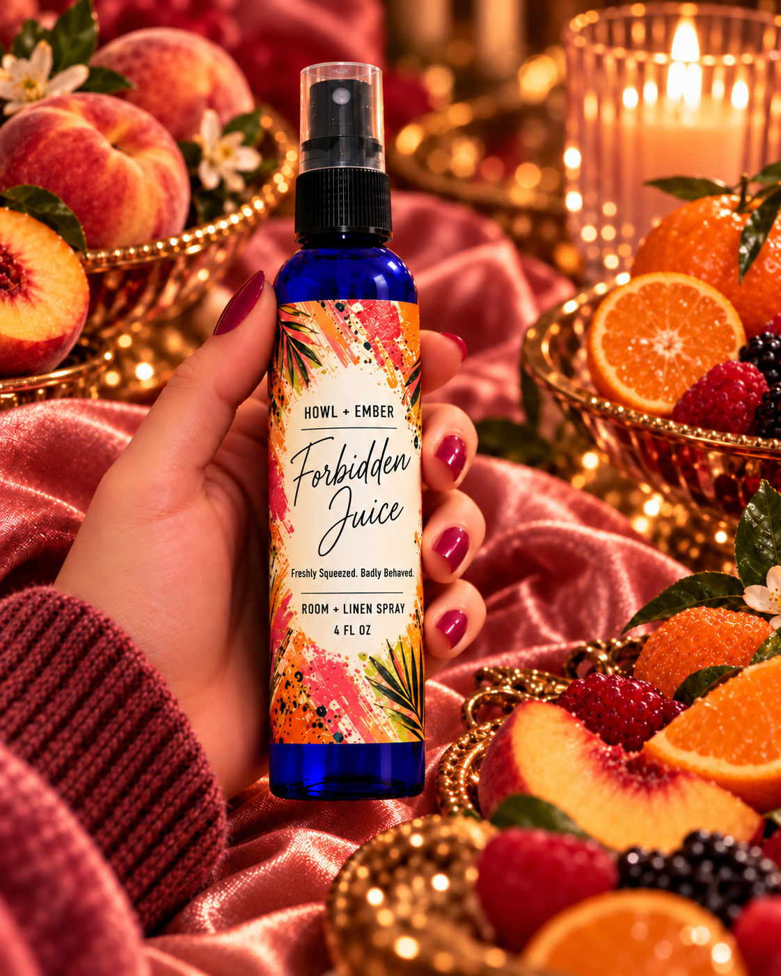 Forbidden Juice corrected 4 oz cobalt blue room and linen spray featured photograph