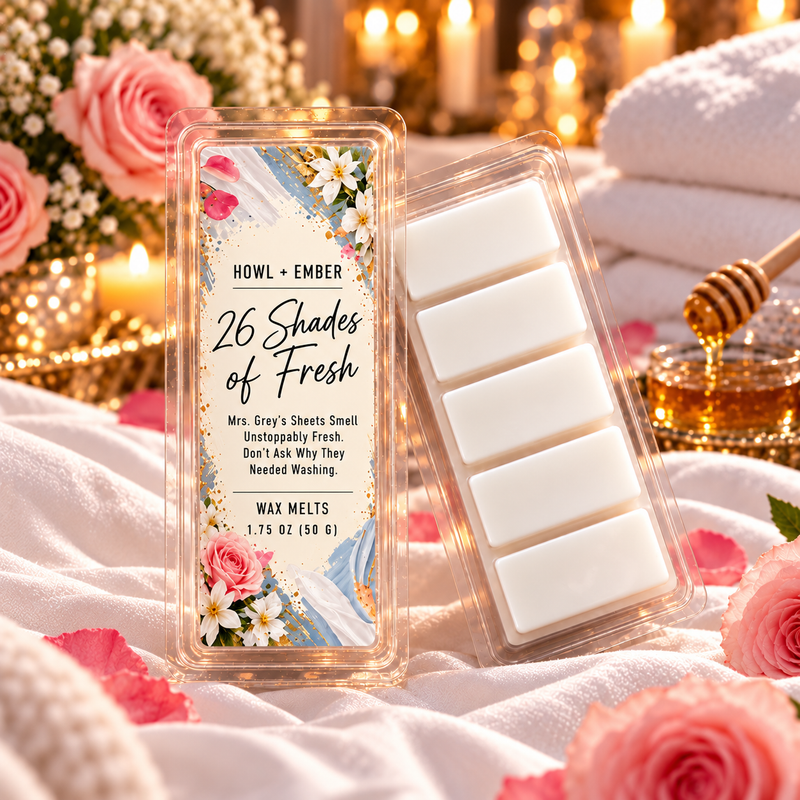 26 Shades of Fresh wax melts by Howl + Ember, matching room spray label and scene with five smooth white wax sections