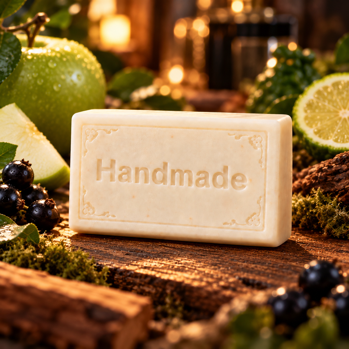 Aventus Creed handmade shea butter soap bar with fragrance-themed scene and embossed Handmade lettering