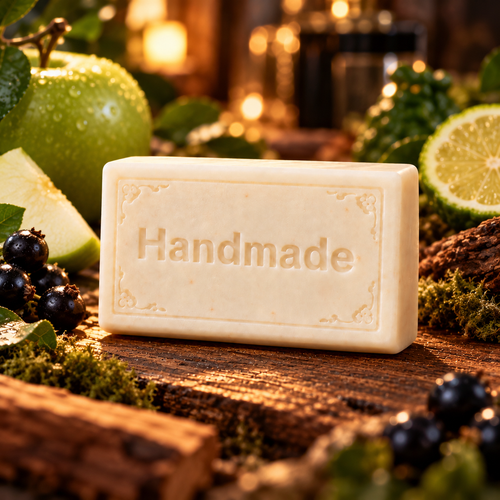 Aventus Creed handmade shea butter soap bar with fragrance-themed scene and embossed Handmade lettering
