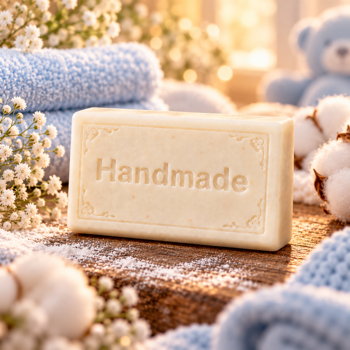 Baby Powder handmade shea butter soap bar with fragrance-themed scene and embossed Handmade lettering