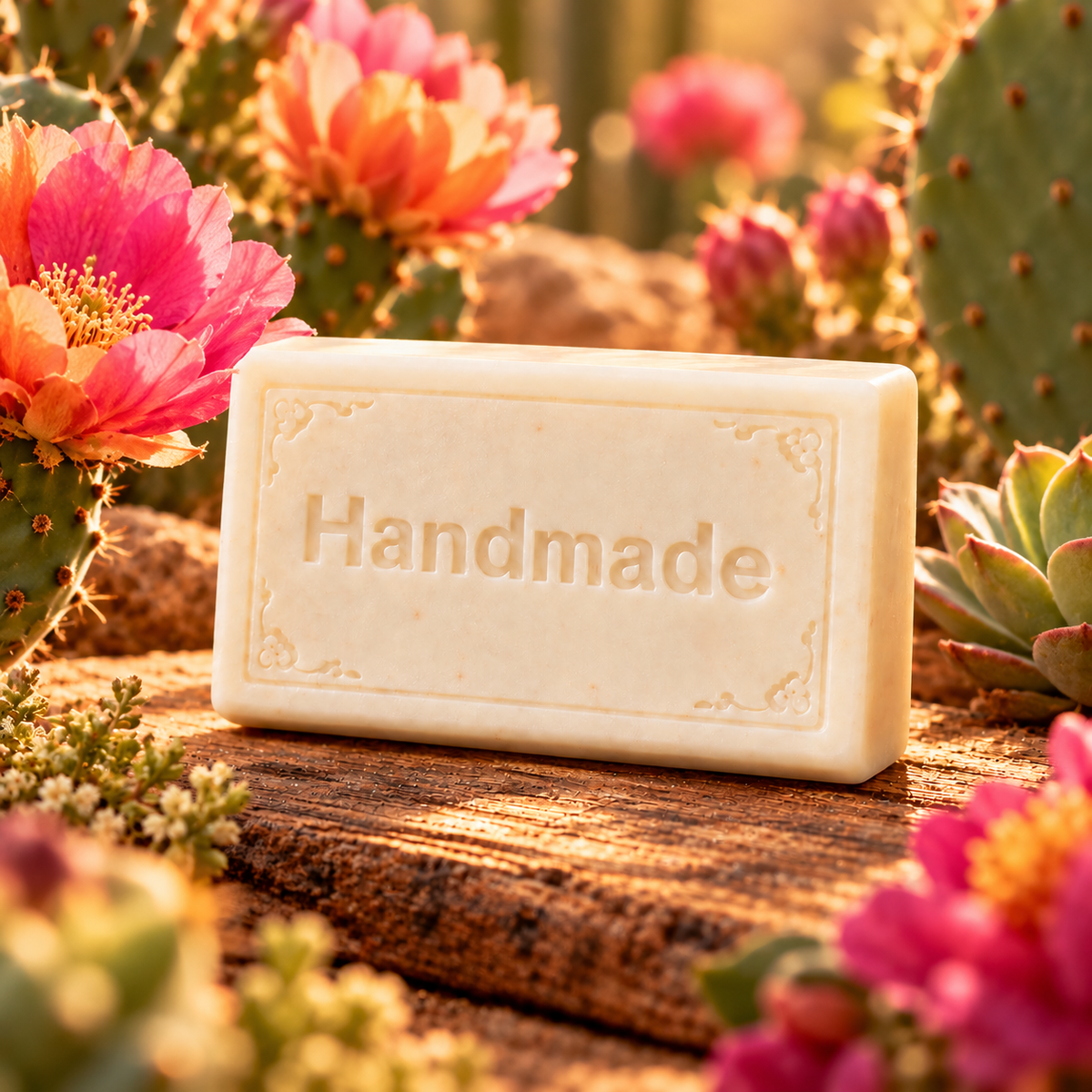 Baja Cactus Blossom handmade shea butter soap bar with fragrance-themed scene and embossed Handmade lettering