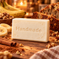 Banana Nut Bread handmade shea butter soap bar with fragrance-themed scene and embossed Handmade lettering