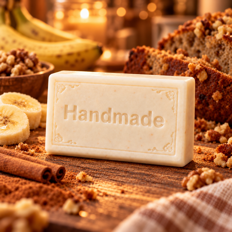 Banana Nut Bread handmade shea butter soap bar with fragrance-themed scene and embossed Handmade lettering