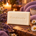 Bedtime Bath Lavender Chamomile handmade shea butter soap bar with fragrance-themed scene and embossed Handmade lettering