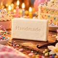 Birthday Cake handmade shea butter soap bar with fragrance-themed scene and embossed Handmade lettering