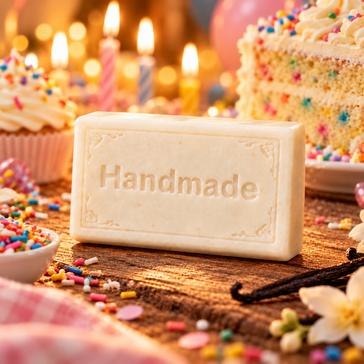 Birthday Cake handmade shea butter soap bar with fragrance-themed scene and embossed Handmade lettering