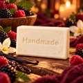 Black Raspberry Vanilla handmade shea butter soap bar with fragrance-themed scene and embossed Handmade lettering