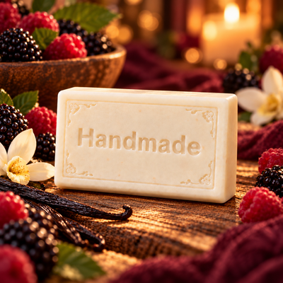 Black Raspberry Vanilla handmade shea butter soap bar with fragrance-themed scene and embossed Handmade lettering