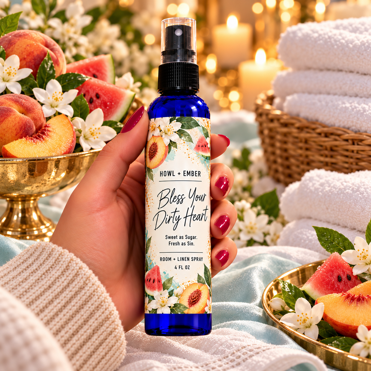 Howl + Ember Bless Your Dirty Heart 4 oz room and linen spray, NG Clean Breeze fragrance, with peach, watermelon and white blossom artwork.