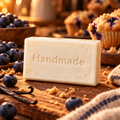 Blueberry Muffin handmade shea butter soap bar with fragrance-themed scene and embossed Handmade lettering