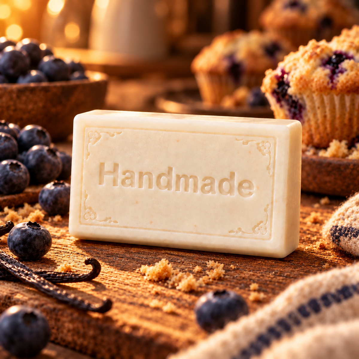 Blueberry Muffin handmade shea butter soap bar with fragrance-themed scene and embossed Handmade lettering