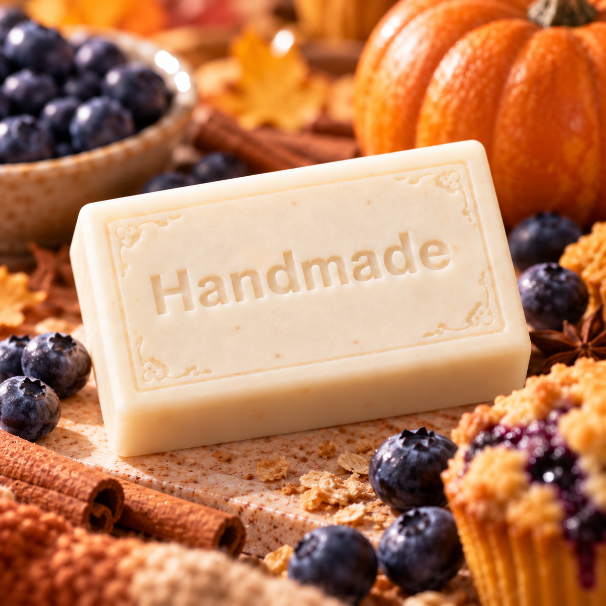 Blueberry Pumpkin Patch handmade 4 oz shea butter soap, ivory embossed bar with scent-inspired styling