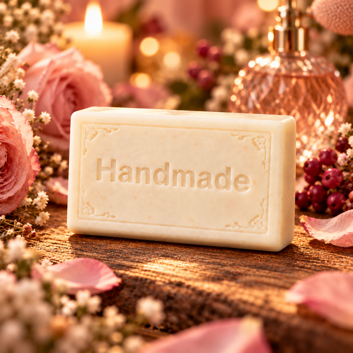 Blush + Bloom handmade shea butter soap bar with fragrance-themed scene and embossed Handmade lettering