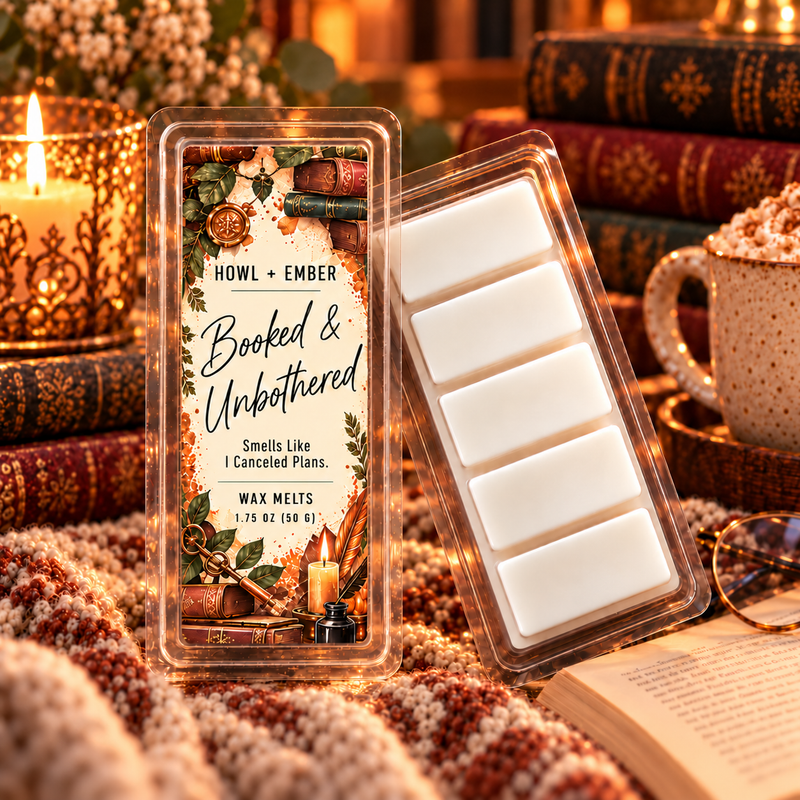 Booked & Unbothered wax melts by Howl + Ember, matching room spray label and cozy book scene with five smooth white wax sections