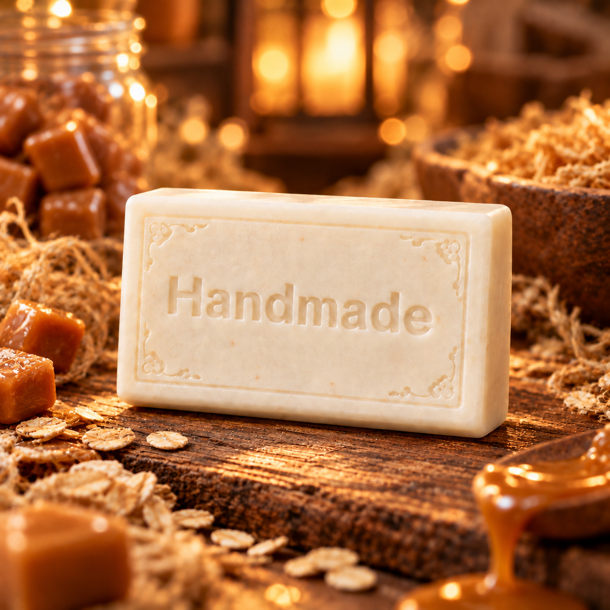 Butterscotch Haystacks 4 oz handmade shea butter soap with fragrance-inspired background