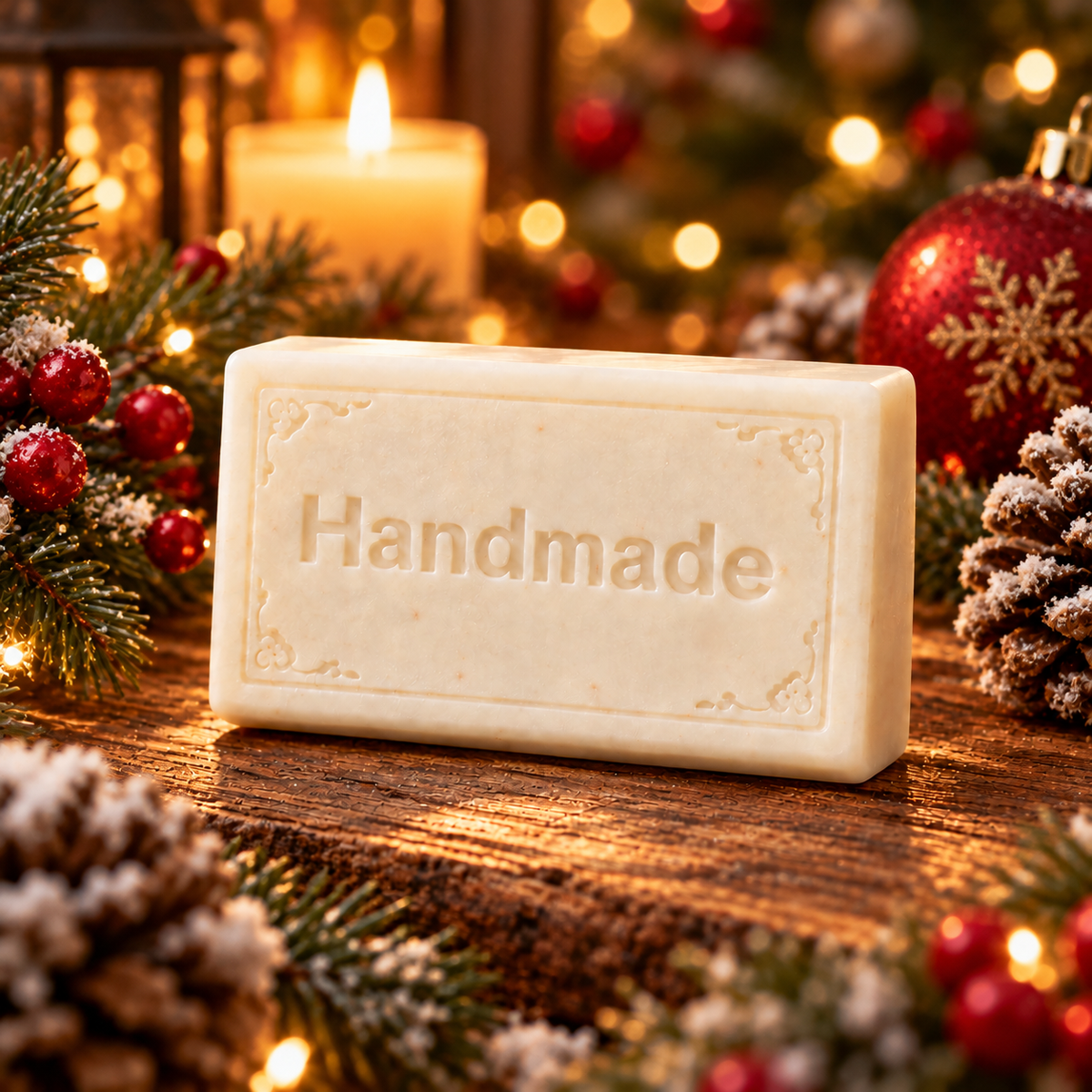 Christmas Cheer 4 oz handmade shea butter soap with fragrance-inspired background
