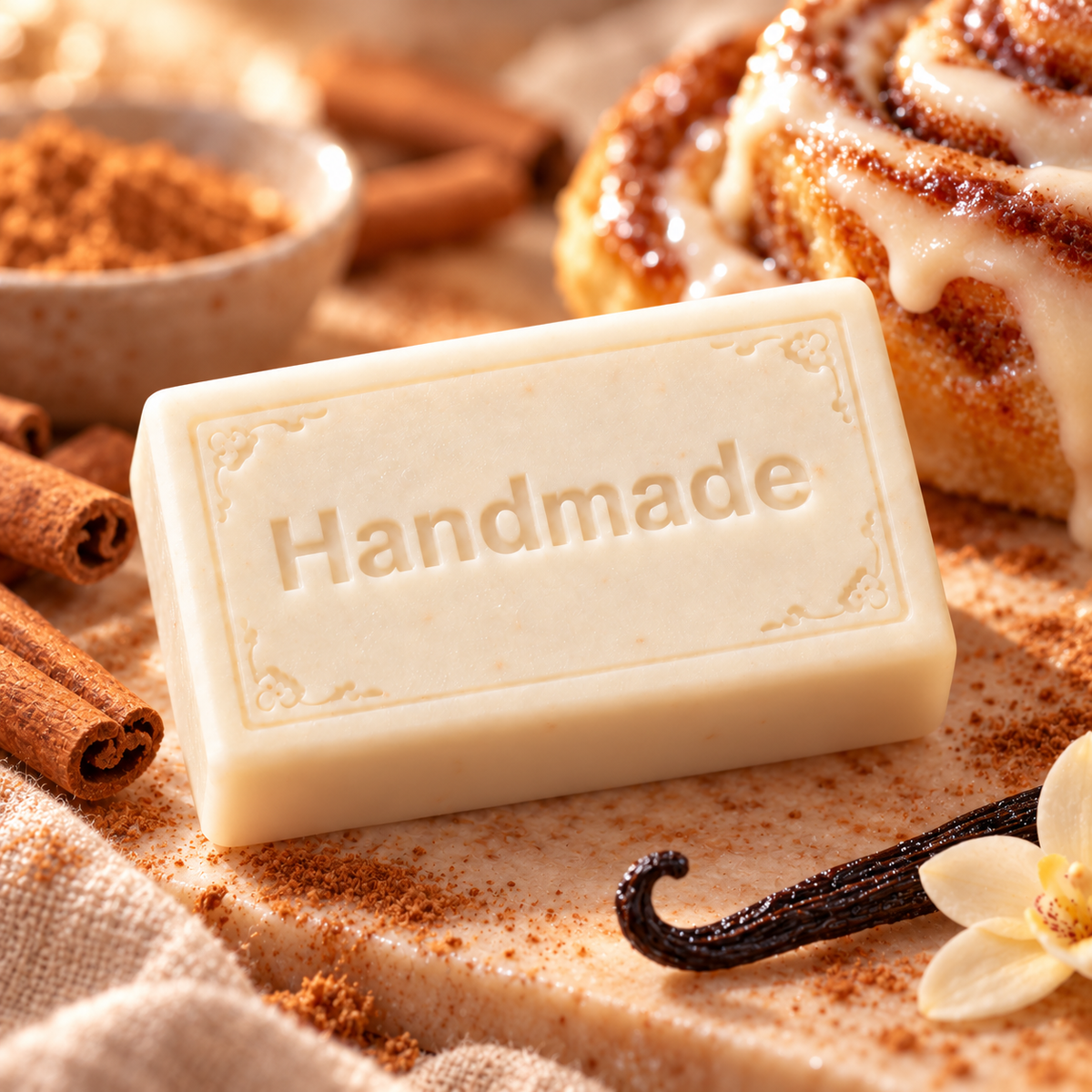 Cinnamon Bun handmade 4 oz shea butter soap, ivory embossed bar with scent-inspired styling