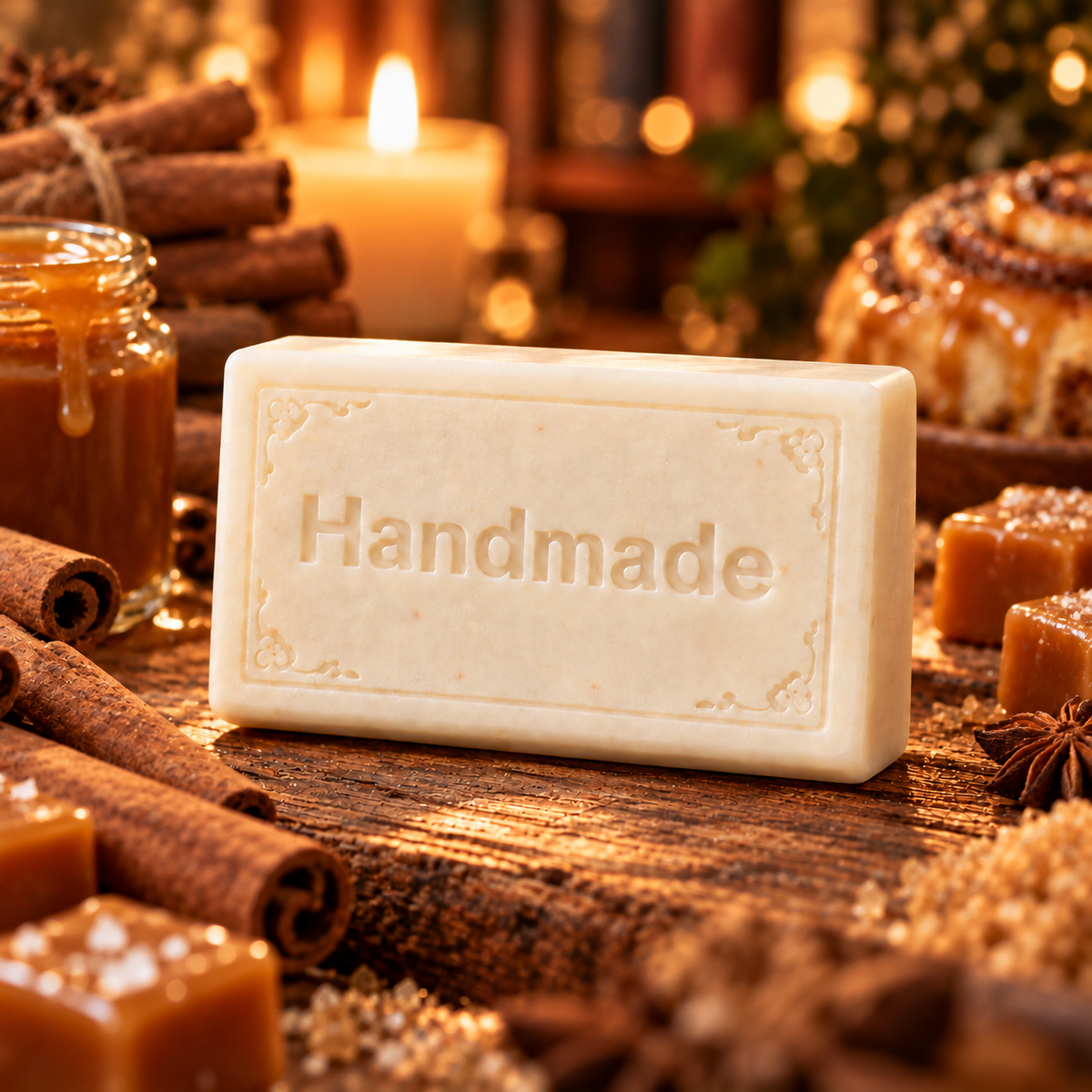 Cinnamon Caramel Swirl 4 oz handmade shea butter soap with fragrance-inspired background