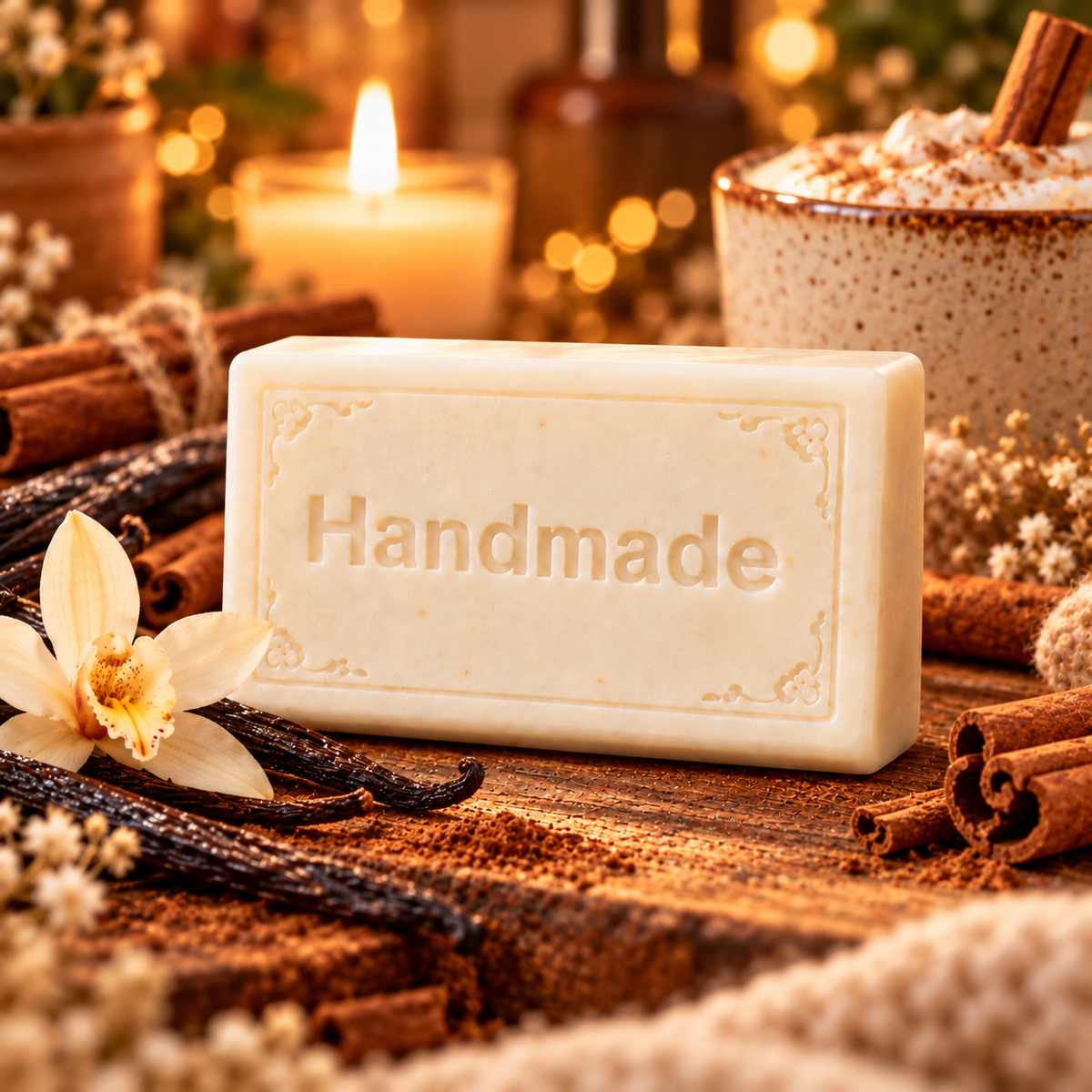 Cinnamon Vanilla shea butter soap, a single Handmade embossed bar with a fragrance-inspired background