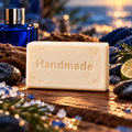 Cobalt Blue shea butter soap, a single Handmade embossed bar with a fragrance-inspired background