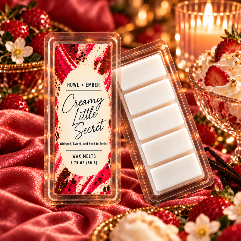 Howl + Ember Creamy Little Secret wax melts, with a matching labeled lid and five smooth white wax sections in clear clamshell packaging.