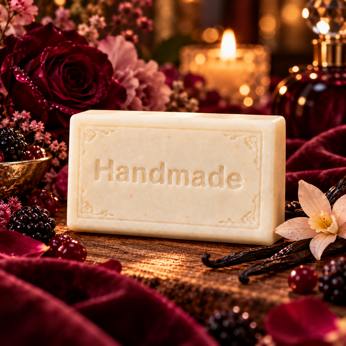 Dark Kisses shea butter soap, a single Handmade embossed bar with a fragrance-inspired background