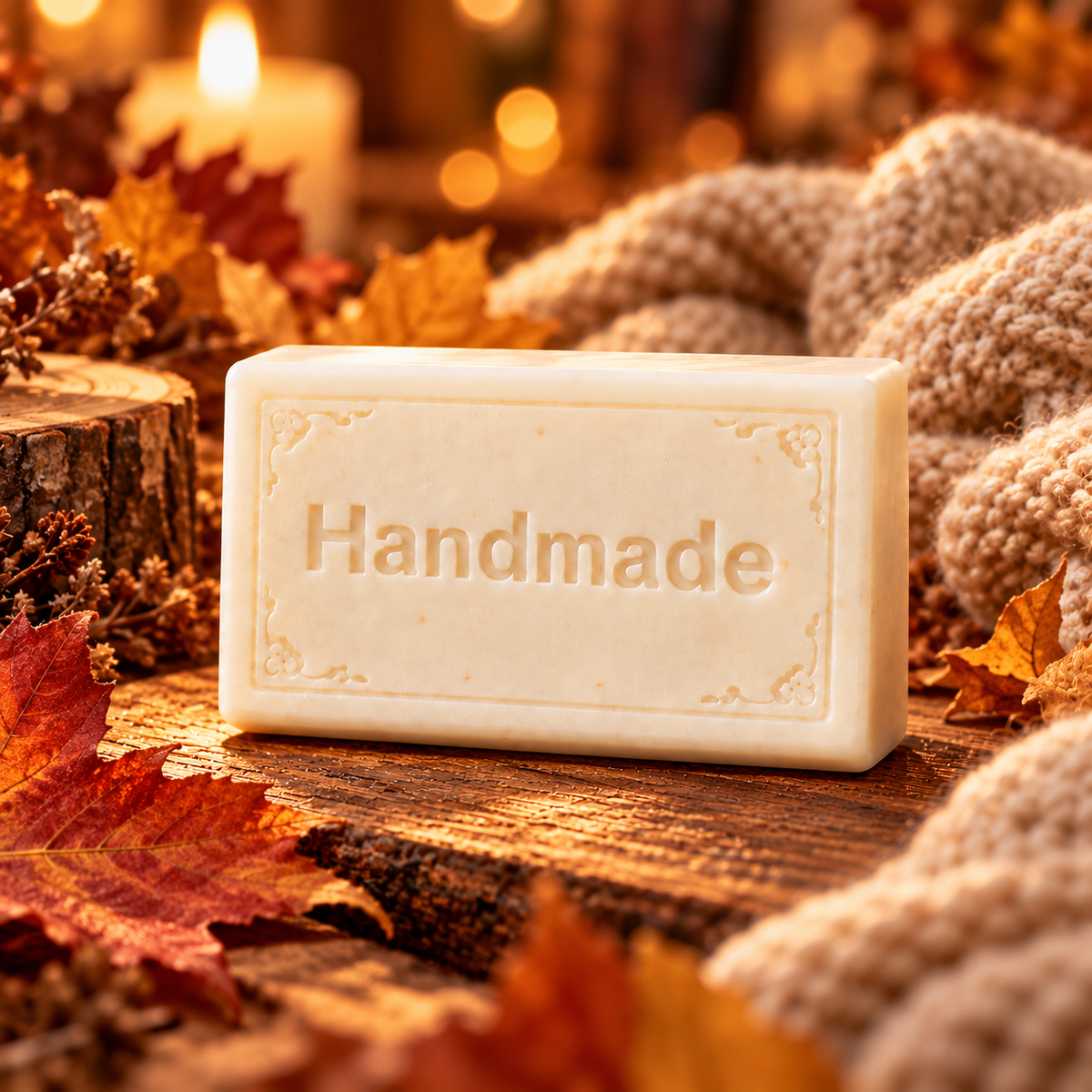 Falling Leaves + Cashmere shea butter soap, a single Handmade embossed bar with a fragrance-inspired background
