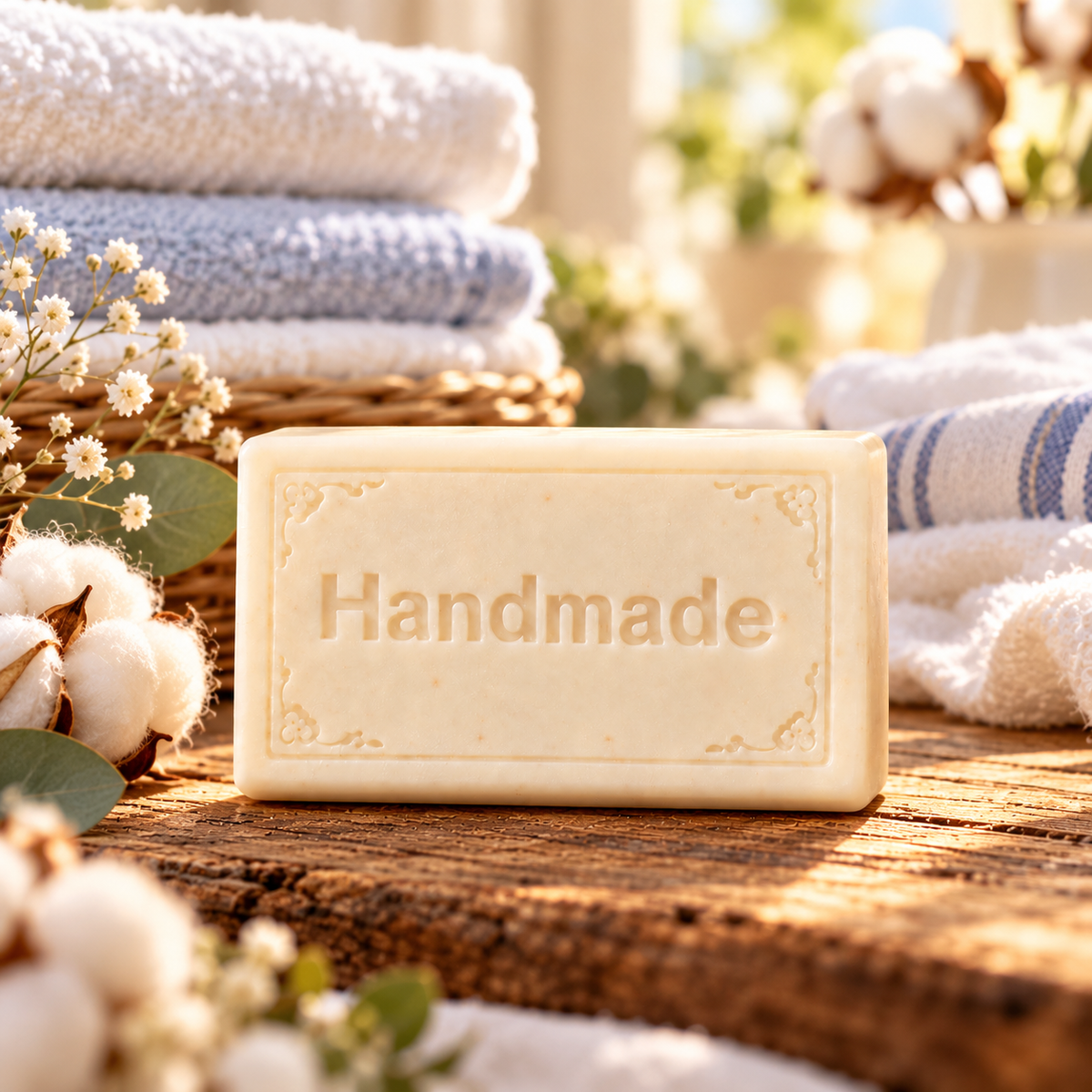 Freshly Folded shea butter soap, a single Handmade embossed bar with a fragrance-inspired background