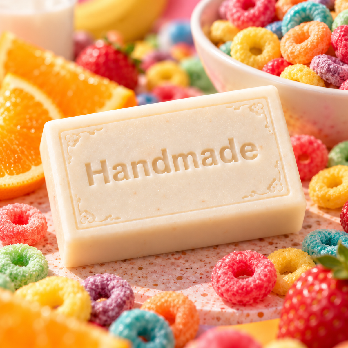 Fruity Rings handmade 4 oz shea butter soap, ivory embossed bar with scent-inspired styling